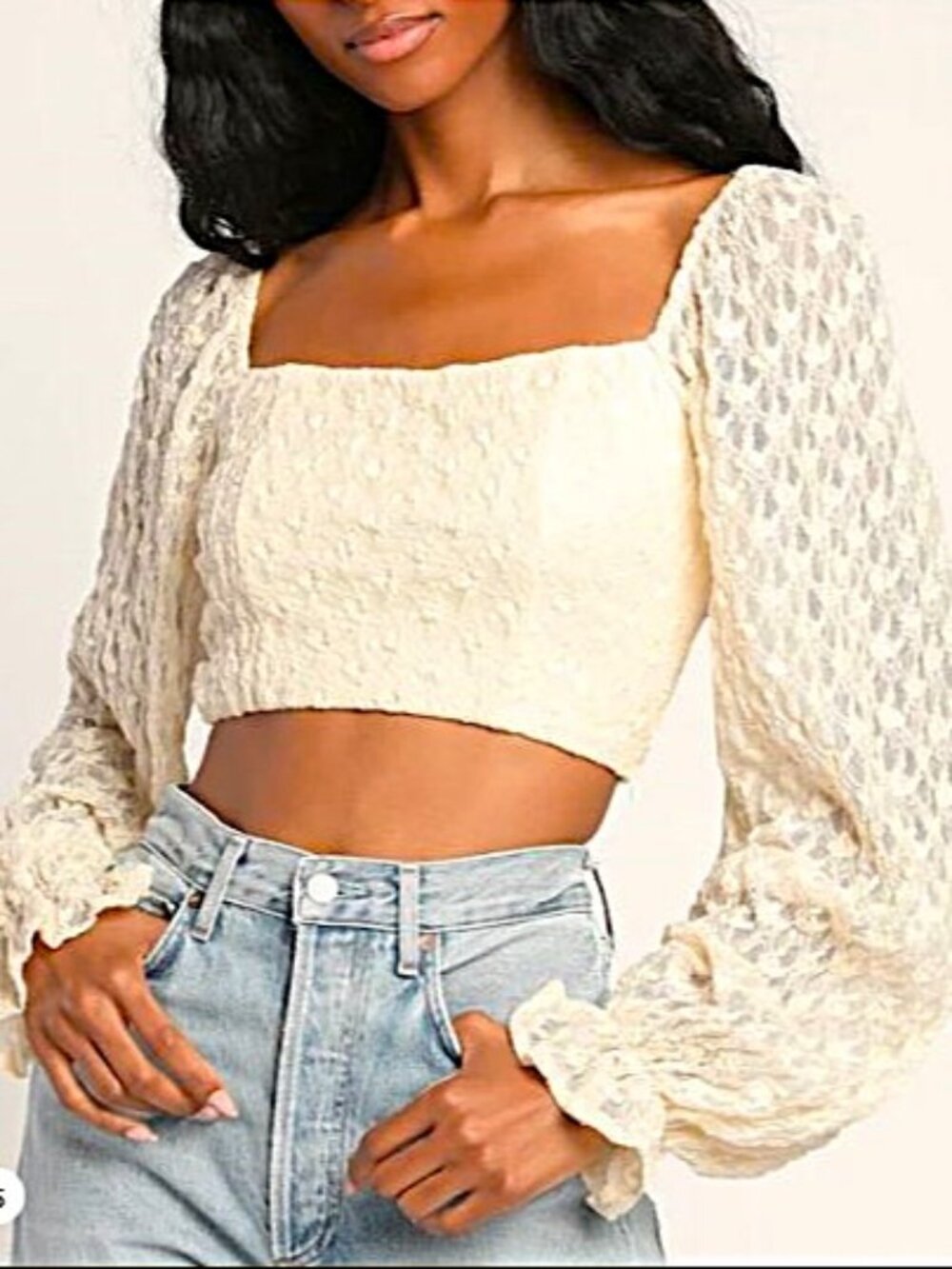 Lulus Crop Top Forever a Romantic Cream Mesh Lace Square Neck Balloon Sleeve XS